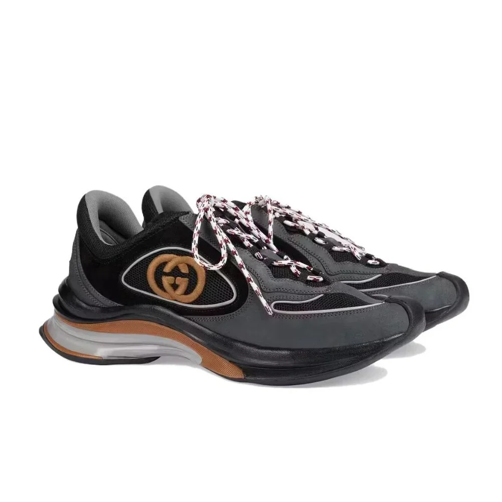 NEW GUCCI Run Interlocking G Men's Black Grey Suede Logo Sneakers G 7.5 / US 8